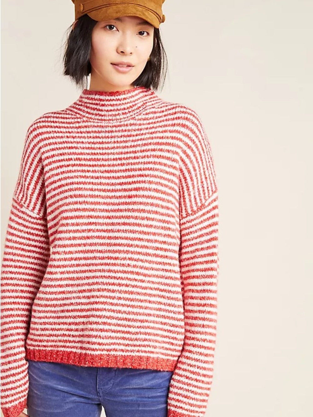 Anthropologie Red Cream Striped Turtleneck Sweater S